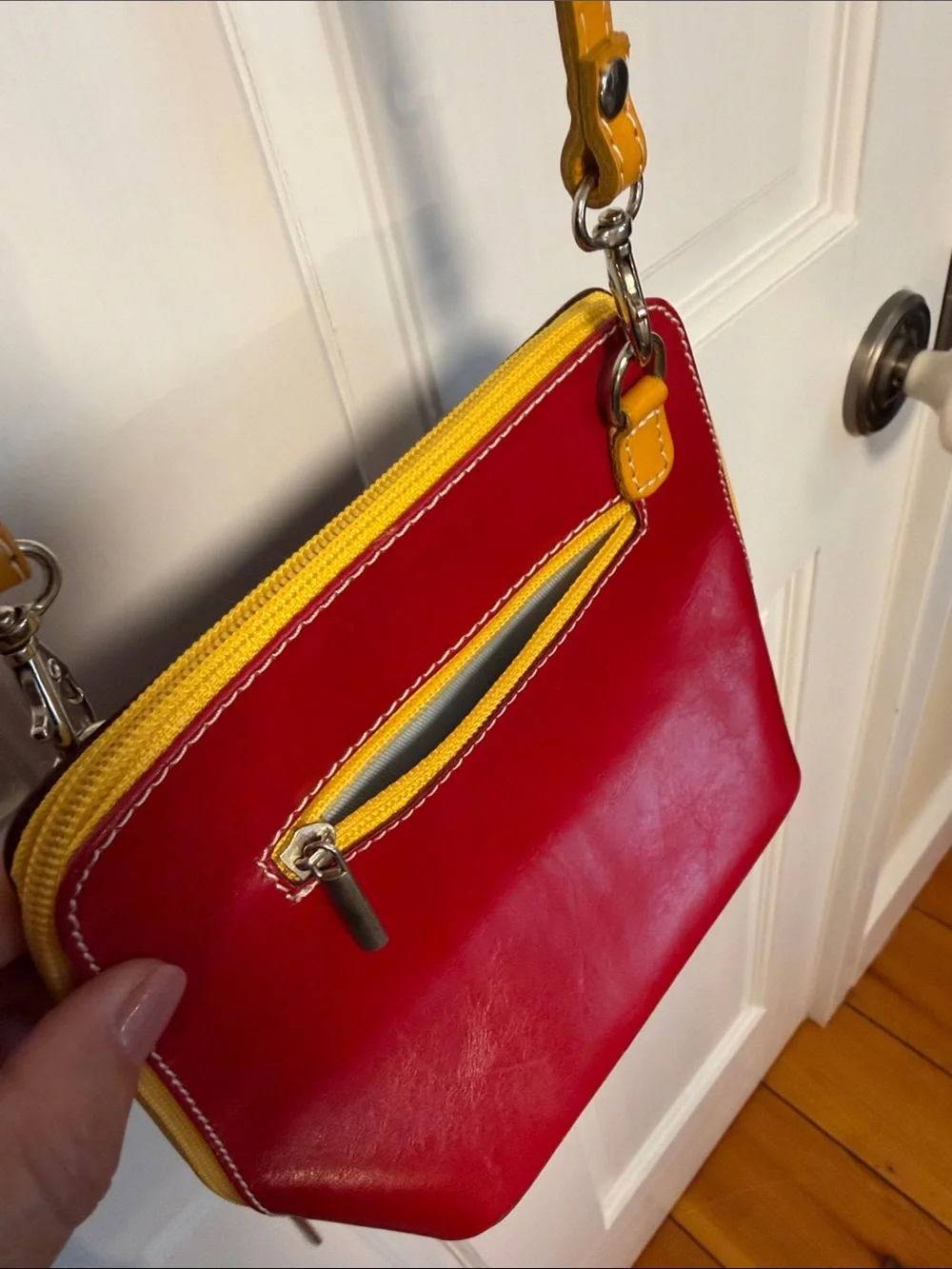 Vera Pelle Leather Women’s Crossbody Bag in Burgundy/ Red with Mustard Strap